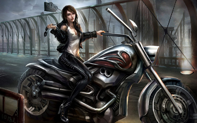 Обои картинки фото аниме, -weapon,  blood & technology, знаки, очки, дорога, сетка, мотоцикл, девушка