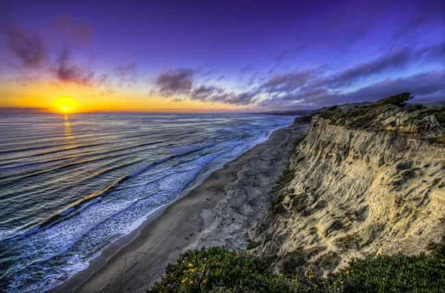 Обои картинки фото природа, восходы, закаты, океан, пляж, волны, горизонт, солнце