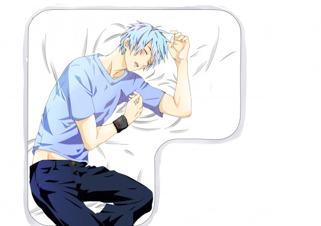 Обои картинки фото аниме, kuroko no baske, парень, простыня, спит, лежит, белый, фон, футболка
