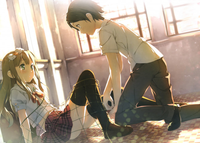 Обои картинки фото аниме, henneko, сеть, парень, девушка, бант, окна, свет, сияние, слёзы