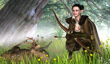 Картинка 3д+графика эльфы+ elves трофеи охота лес лук фон взгляд девушка