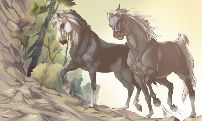 Обои картинки фото рисованное, животные,  лошади, взгляд, грива, лошади, фон