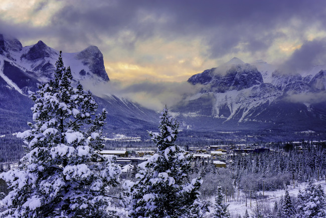 Обои картинки фото природа, зима, горы, закат, снег, ели, деревья