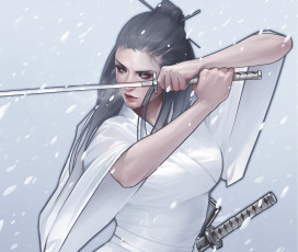 Картинка фэнтези девушки снег кимоно катана оружие взгляд арт девушка