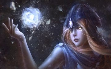 Картинка фэнтези магия перья взгляд девушка арт фантастика лед камень капюшон
