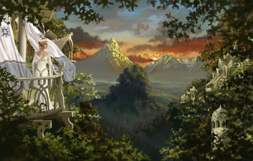 Картинка фэнтези девушки горы природа балкон платье взгляд девушка арт фэнтази