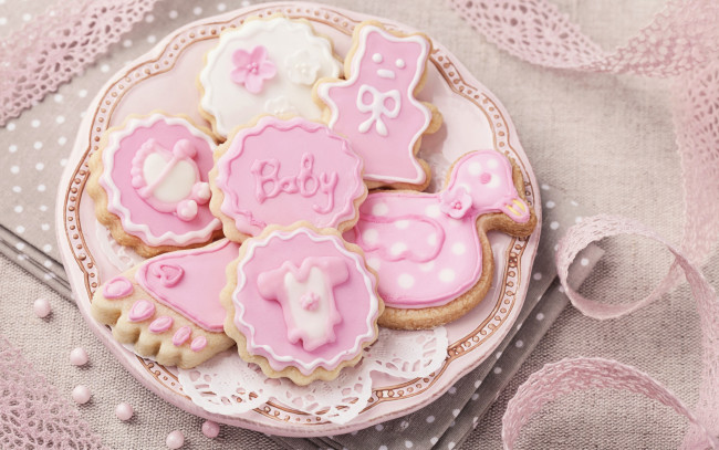 Обои картинки фото еда, пирожные,  кексы,  печенье, глазурь, розовый, delicate, украшения, pink, печенье, sweet, baby, cookies