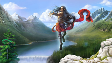 Картинка фэнтези эльфы прыжок пейзаж парень эльф водопад горы лес
