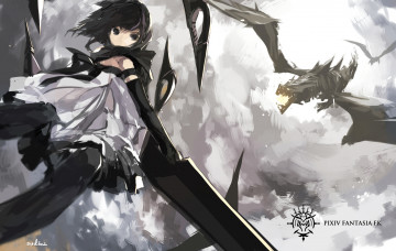 Картинка аниме pixiv+fantasia облака небо девушка драконы оружие меч