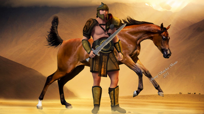 Обои картинки фото 3д графика, люди , people, воин, меч, лошадь