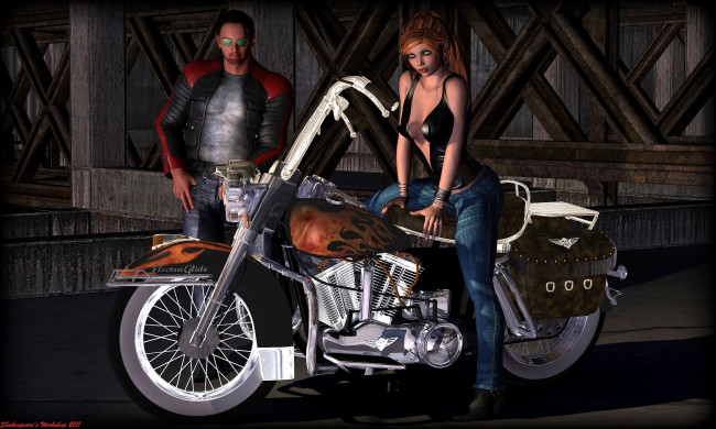 Обои картинки фото мотоциклы, 3d, фон, мотоцикл, мужчина, девушка, взгляд