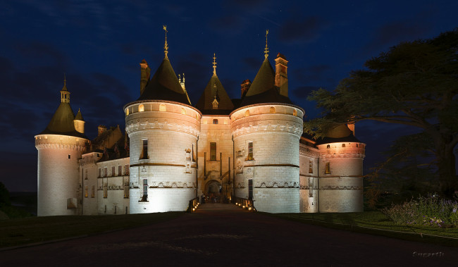 Обои картинки фото chaumont sur loire castle, города, замки франции, ночь, огни