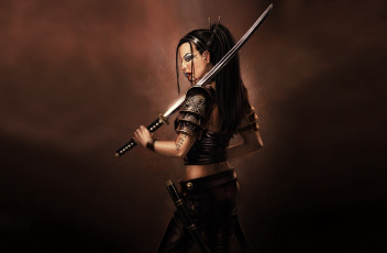 Картинка фэнтези девушки девушка азиатка меч оружие красный поза рисованный лезвие клинок