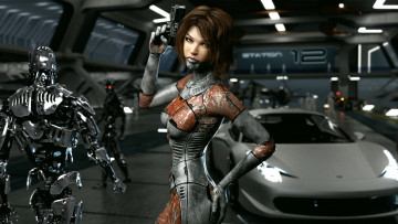 Картинка 3д+графика _science+fiction девушка фон робот униформа автомобиль