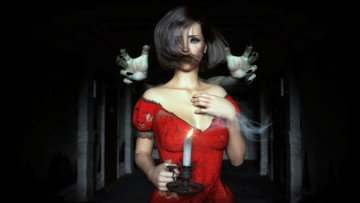 Картинка 3д+графика ужас+ horror девушка фон взгляд платье свеча руки