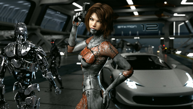 Обои картинки фото 3д графика, _science fiction, девушка, фон, робот, униформа, автомобиль