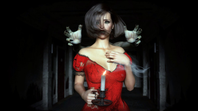 Обои картинки фото 3д графика, ужас , horror, девушка, фон, взгляд, платье, свеча, руки