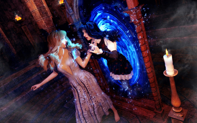 Обои картинки фото 3д графика, фантазия , fantasy, девушки, фон, свеча, зеркало