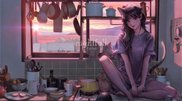 Картинка аниме животные +существа девушка неко кухня посуда окно