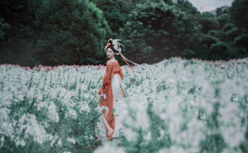 Картинка девушки -+азиатки кимоно поле роща