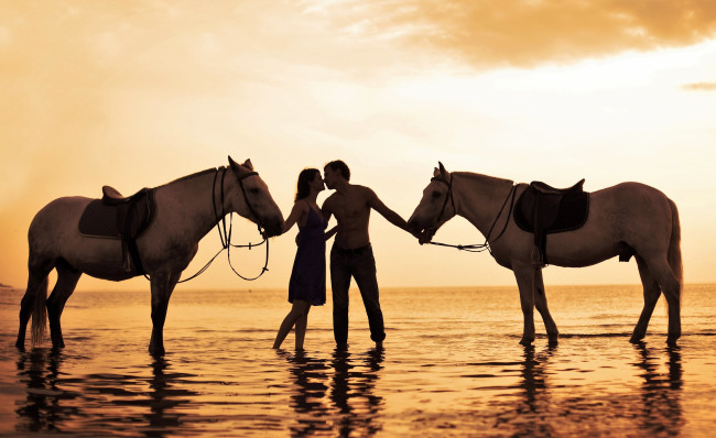 Обои картинки фото разное, мужчина женщина, пара, море, лошади