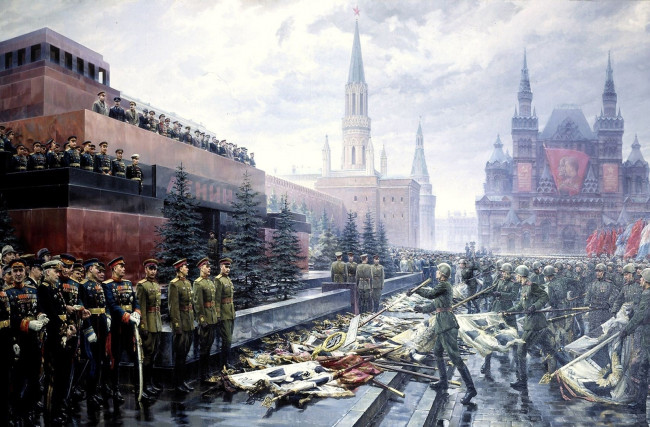 Обои картинки фото рисованные, армия, солдаты, красная, площадь, москва, 9, маЯ, кремль, жуков, сталин
