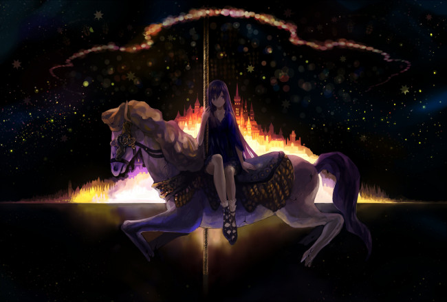 Обои картинки фото аниме, *unknown, другое, девушка, свет, город, лошадь, звезды, ночь, карусель