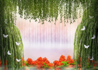 Картинка 3д графика nature landscape природа листья ветки мотыльки