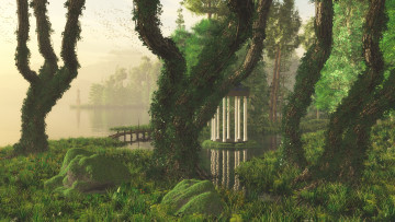 Картинка 3д графика nature landscape природа вода парк беседка деревья