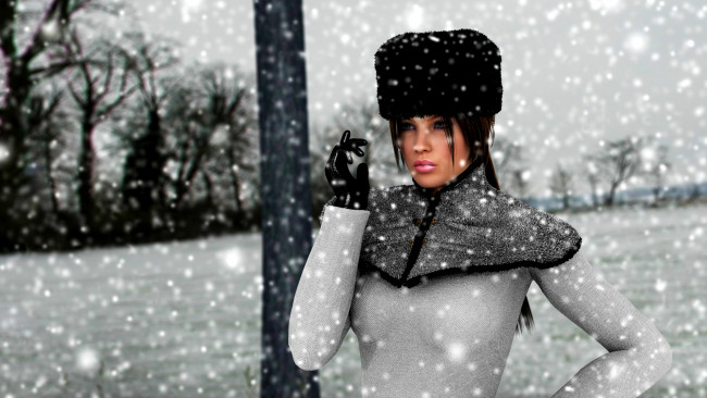 Обои картинки фото 3д графика, people , люди, взгляд, девушка, снег, шляпа