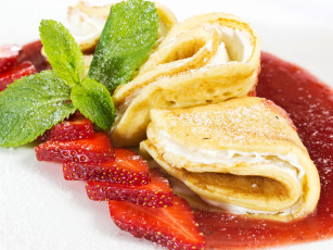 Картинка еда блины +оладьи клубника выпечка блинчики pancakes strawberry jam мята варенье