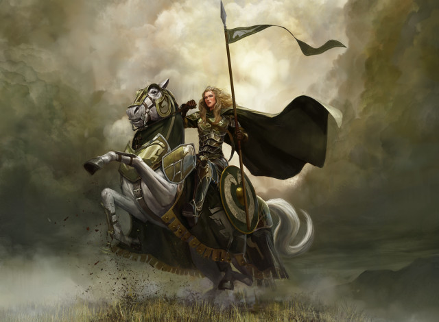 Обои картинки фото фэнтези, девушки, девушка, рыцарь, воин, лошадь, копье, доспехи