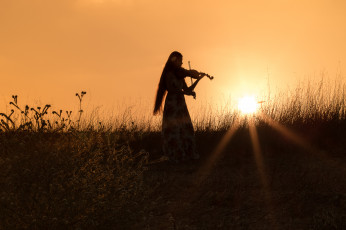 Картинка музыка -+другое лучи солнца силуэт закат скрипка платье настроение поле девушка трава вечер