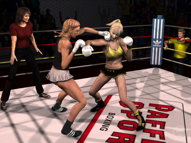 Обои картинки фото 3д графика, люди , people, девушки, ринг, фон, взгляд, бокс