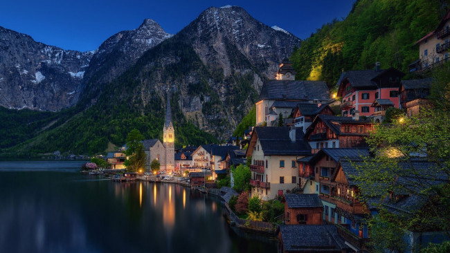 Обои картинки фото города, гальштат , австрия, горы, озеро, вечер, огни