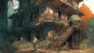 Картинка аниме город +улицы +интерьер +здания старый заросший дом
