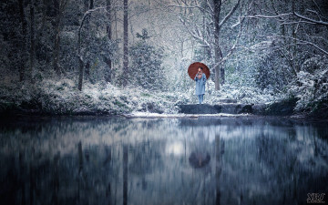 Картинка мужчины xiao+zhan актер шарф лес зонт снег озеро