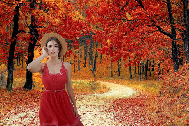 Обои картинки фото девушки, - брюнетки,  шатенки, парк, осень, листопад, шатенка, платье, шляпа
