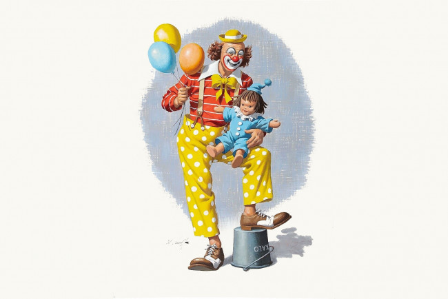 Обои картинки фото рисованное, люди, клоун, ребенок, шарики, ведро
