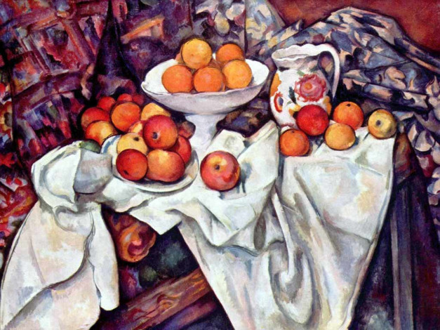 Обои картинки фото рисованные, живопись, натюрморт с яблоками и апельсинами, поль сезанн