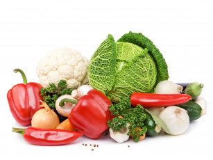 обоя еда, овощи, грибы, чеснок, савойская, капуста, петрушка, цветная, шампиньоны, перец, лук, паприка