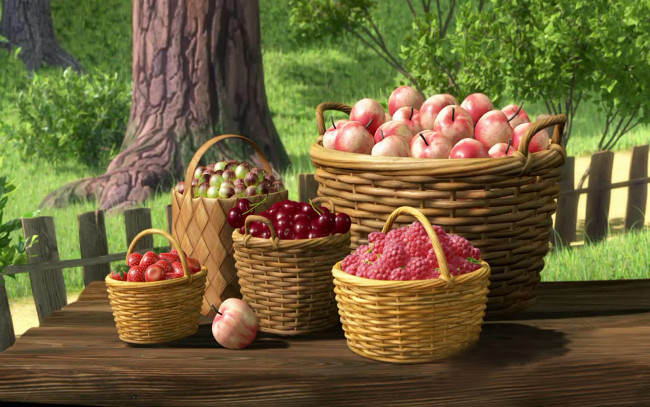 Обои картинки фото мультфильмы, маша, медведь, яблока, вишня, корзины, малина, стол