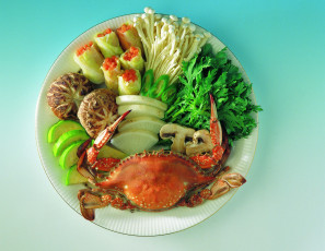 обоя еда, рыбные, блюда, морепродуктами, сыроедение, краб, грибы, зелень, овощи, петрушка