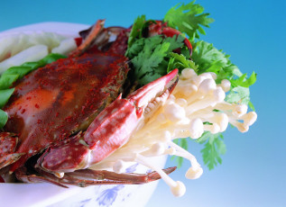 Картинка еда рыба морепродукты суши роллы зелень грибы сыроедение краб