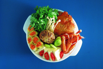 обоя еда, рыбные, блюда, морепродуктами, сыроедение, краб, грибы, зелень, овощи, петрушка