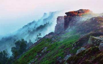 Картинка природа горы скалы леса трава туман