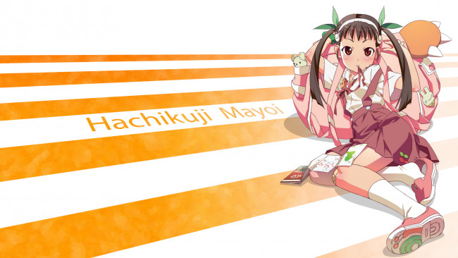 Обои картинки фото аниме, bakemonogatari, девушка, фон, hachikuji mayoi, форма, портфель, бант, лента, книга