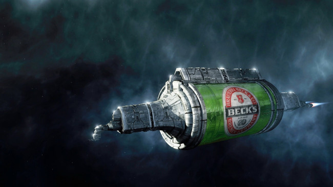 Обои картинки фото beck`s, бренды, пиво, космический, корабль, банка, реклама