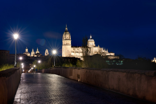 Обои картинки фото испания, саламанка, города, огни, ночного, мост, река, дома, ночь