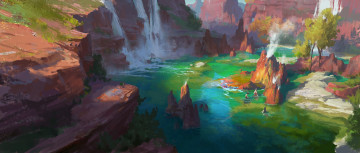 Картинка рисованные живопись водопад горы